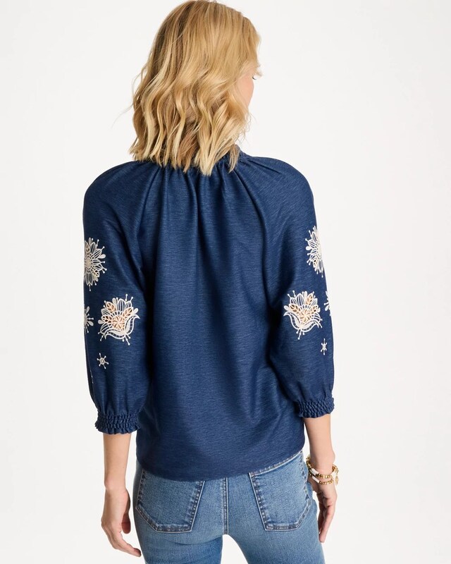 Embroidered Denim Henley Tee - image 3